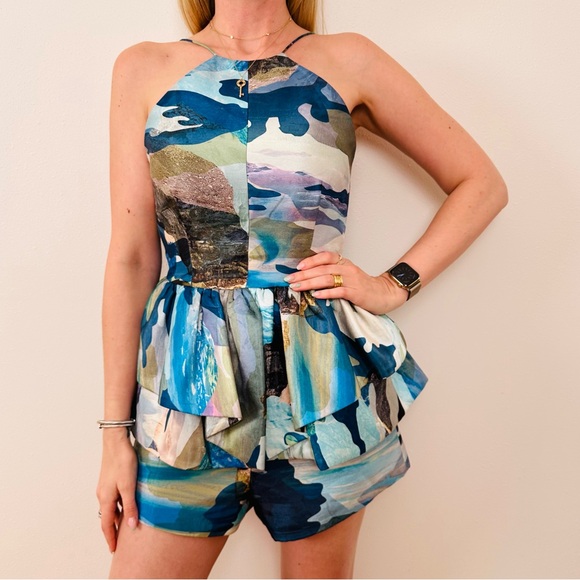 cameo Pants - Cameo Artistic Blue Green Layered Halter Open Back Jumpsuit with Abstract Print